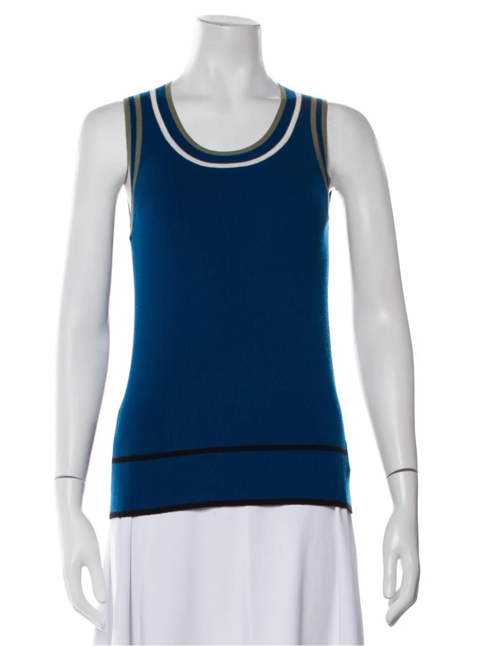 Akris Punto Virgin Wool Sleeveless Top Blue Black White Stripes Tank Sweater